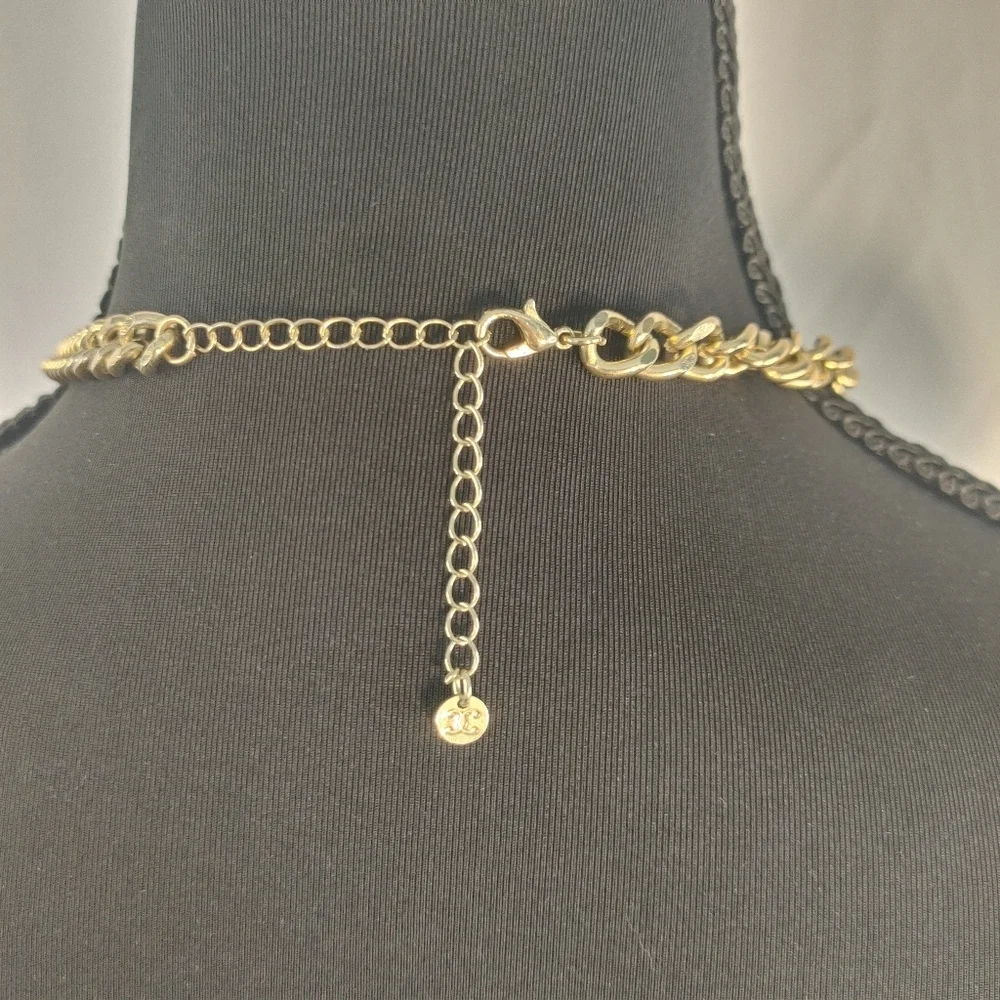 Gold Tone Statement Necklace Blue Turquoise Bib Chunky Chain